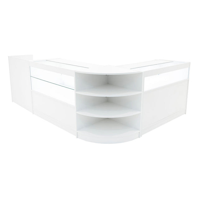 Elegantes Verkaufstheken-Set in Weiß mit klaren Glasflächen, runden Kanten und offenen Regalen für optimale Präsentation und Stauraum