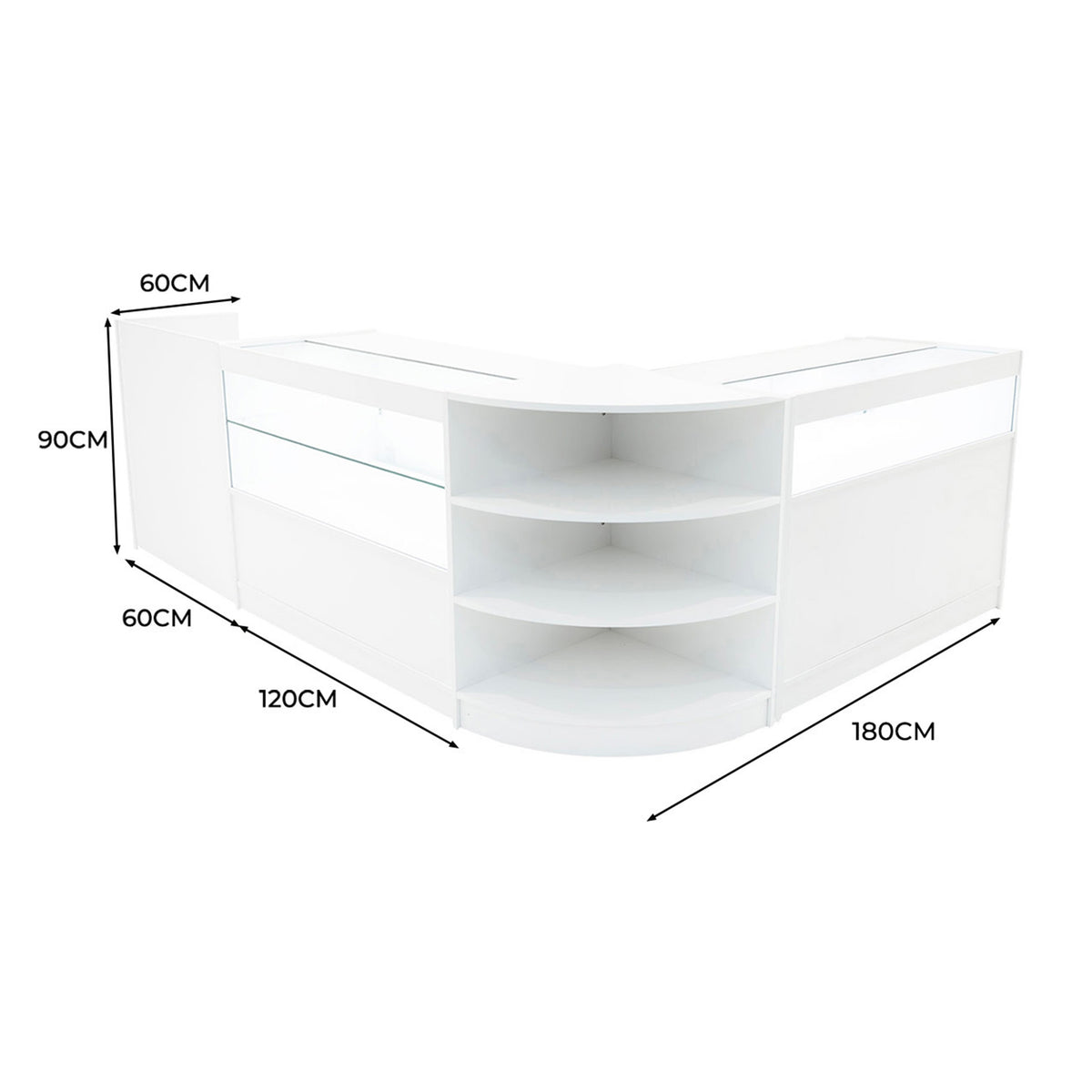 Elegantes Verkaufstheken-Set in Weiß, bestehend aus verschiedenen Elementen mit klaren Linien, Glasflächen und offenen Regalen für optimale Präsentation