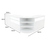 Elegantes Verkaufstheken-Set in Weiß, bestehend aus verschiedenen Elementen mit klaren Linien, Glasflächen und offenen Regalen für optimale Präsentation
