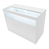 Weißes LED Verkaufstheken-Set mit Glasoberfläche, modernem Design und integrierter Beleuchtung, ideal für Verkaufsräume und Ausstellungen