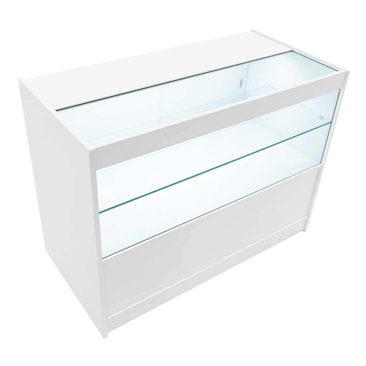 Elegante weiße Verkaufstheke mit Glasoberfläche, zwei transparenten Regalen und modernem, minimalistischen Design für eine ansprechende Präsentation