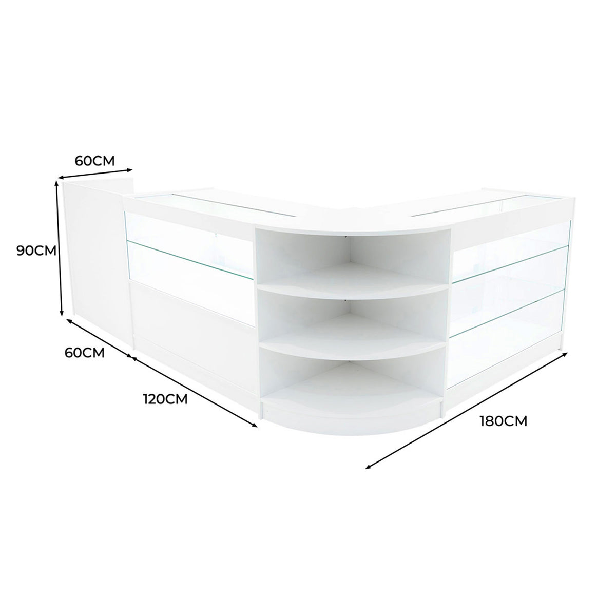Elegantes Verkaufstheken-Set in Weiß mit klaren Glasflächen, abgerundeten Ecken und praktischen Regalen, ideal für moderne Verkaufsräume