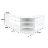 Elegantes Verkaufstheken-Set in Weiß mit klaren Glasflächen, abgerundeten Ecken und praktischen Regalen, ideal für moderne Verkaufsräume