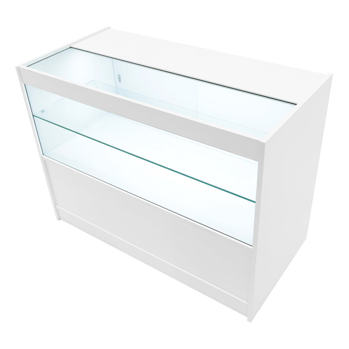 Weißes Hyperion LED Verkaufstheken-Set mit gläsernen Regalen, modernem Design und eleganter, glatter Oberfläche, ideal für Verkaufsräume