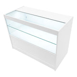 Weißes Hyperion LED Verkaufstheken-Set mit gläsernen Regalen, modernem Design und eleganter, glatter Oberfläche, ideal für Verkaufsräume