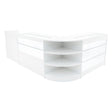 Elegantes Verkaufstheken-Set in Weiß mit klaren Glasflächen, abgerundeten Kanten und offenen Regalen für eine moderne Präsentation von Produkten