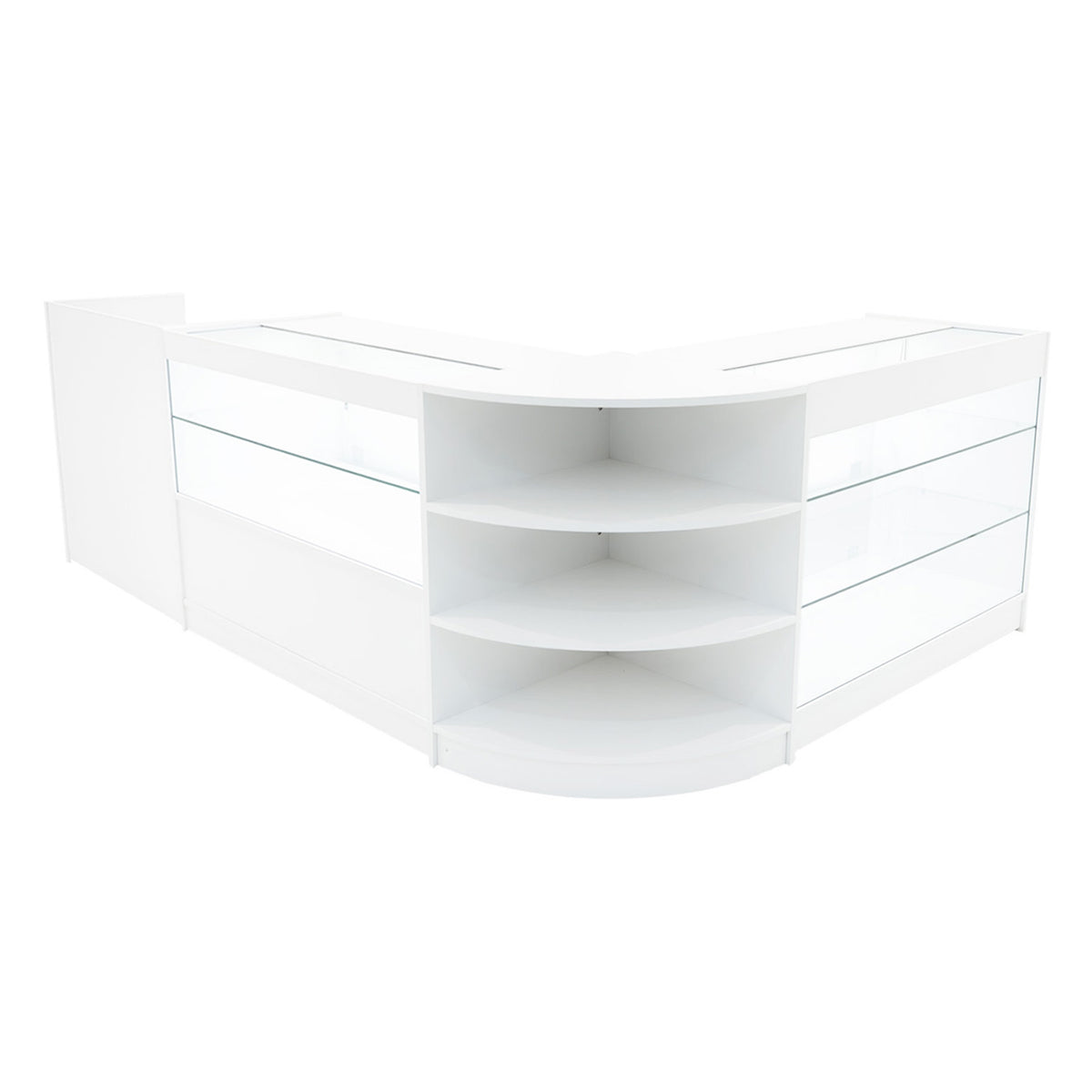 Elegantes Verkaufstheken-Set in Weiß mit klaren Glasflächen, abgerundeten Kanten und offenen Regalen für eine moderne Präsentation von Produkten