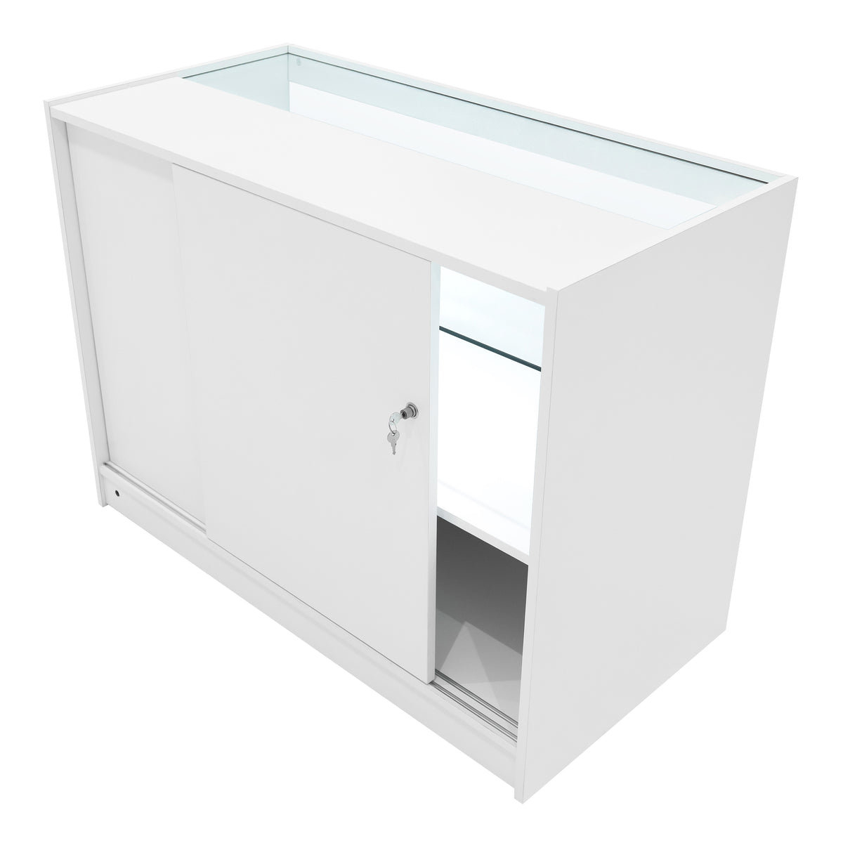Weißes LED Verkaufstheken-Set mit gläserner Oberseite, Schiebetüren und einem modernen, eleganten Design, ideal für Verkaufsräume und Ausstellungen