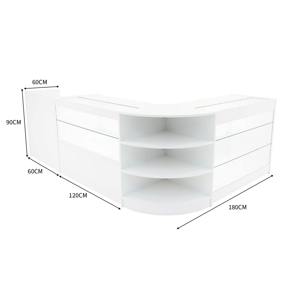 Elegantes, weißes LED-Verkaufstheken-Set mit klaren Glasregalen, abgerundeten Kanten und modernen Maßen von 180 cm x 120 cm x 90 cm, ideal für Verkaufsräume