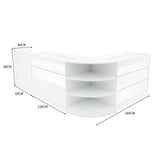 Elegantes, weißes LED-Verkaufstheken-Set mit klaren Glasregalen, abgerundeten Kanten und modernen Maßen von 180 cm x 120 cm x 90 cm, ideal für Verkaufsräume