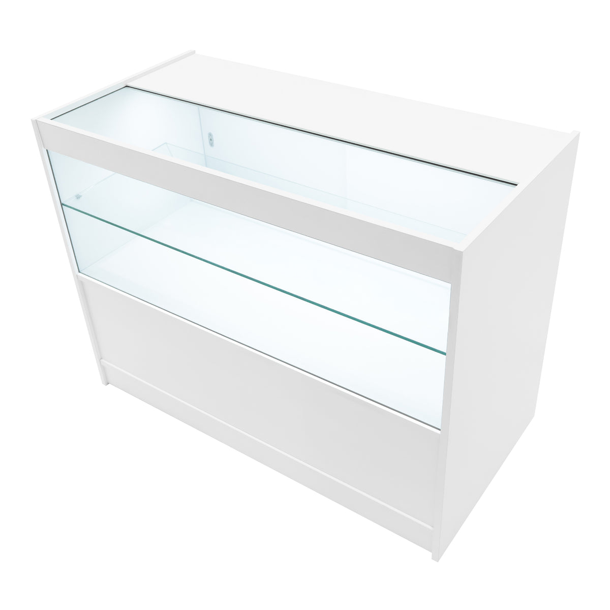 Elegante, weiße LED-Verkaufstheke mit gläserner Front und zwei offenen Regalen, ideal für die Präsentation von Produkten in Geschäften