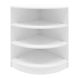 Eckregal in Weiß mit vier offenen Regalböden, ideal für die Präsentation von Produkten in Verkaufsräumen oder Ausstellungen