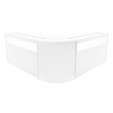 Elegantes, weißes Iris LED Verkaufstheken-Set mit zwei Ecken, glatter Oberfläche und modernem Design, ideal für Verkaufsräume und Ausstellungen