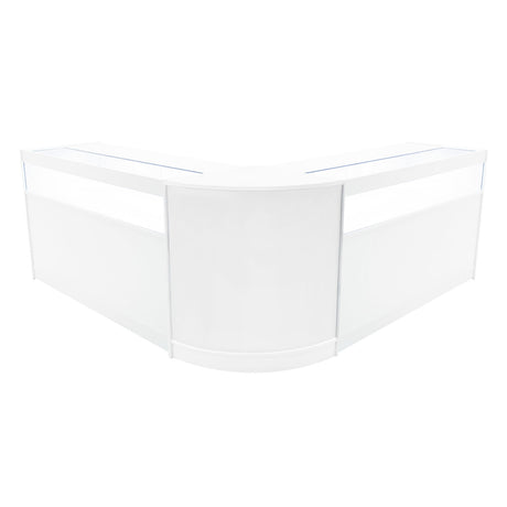 Elegantes, weißes Iris LED Verkaufstheken-Set mit zwei Ecken, glatter Oberfläche und modernem Design, ideal für Verkaufsräume und Ausstellungen