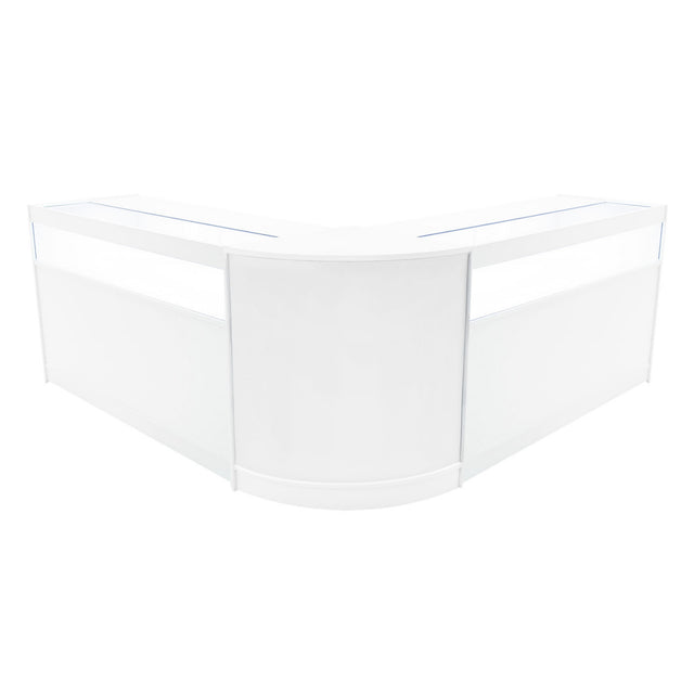 Elegantes, weißes Iris LED Verkaufstheken-Set mit zwei Ecken, glatter Oberfläche und modernem Design, ideal für Verkaufsräume und Ausstellungen