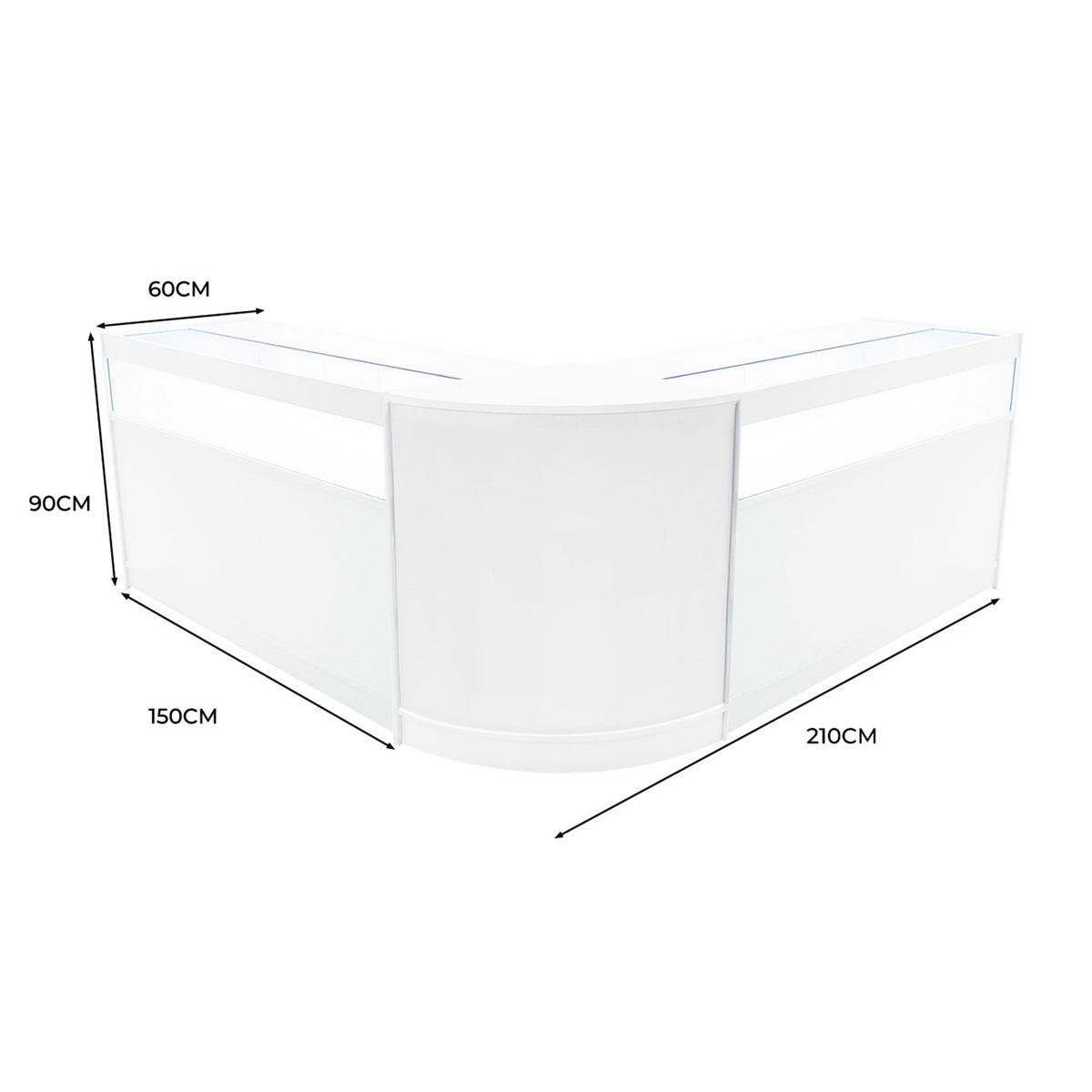 Elegantes, weißes Iris LED Verkaufstheken-Set mit abgerundeten Kanten, ideal für Verkaufsräume, Maße: 60cm x 150cm x 90cm, modernes Design