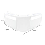 Elegantes, weißes Iris LED Verkaufstheken-Set mit abgerundeten Kanten, ideal für Verkaufsräume, Maße: 60cm x 150cm x 90cm, modernes Design