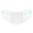 Elegantes, weißes LED Verkaufstheken-Set mit gläsernen Vitrinen, ideal für Einzelhandel oder Messen, moderne, abgerundete Form und klare Linien