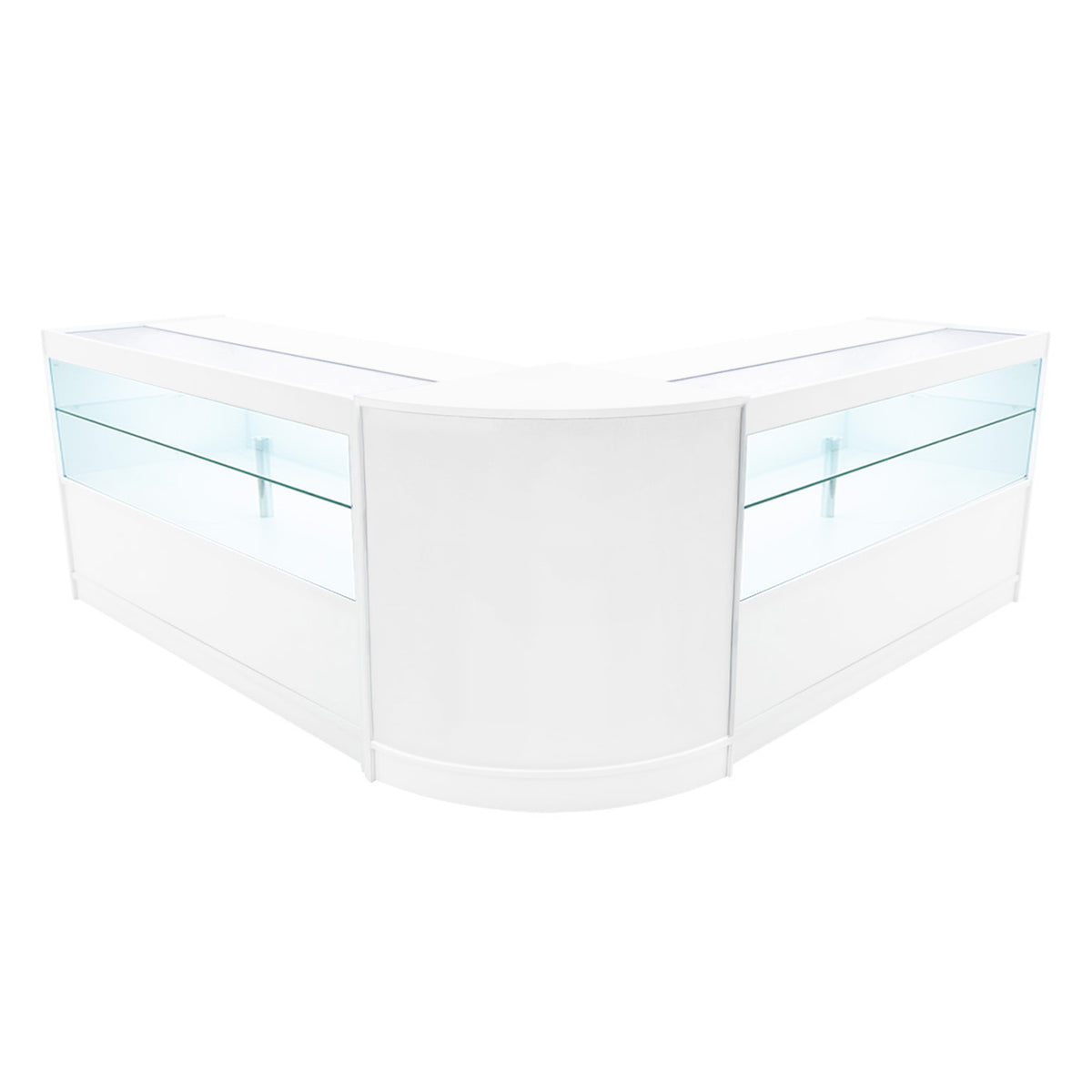 Elegantes, weißes LED Verkaufstheken-Set mit gläsernen Vitrinen, ideal für Einzelhandel oder Messen, moderne, abgerundete Form und klare Linien