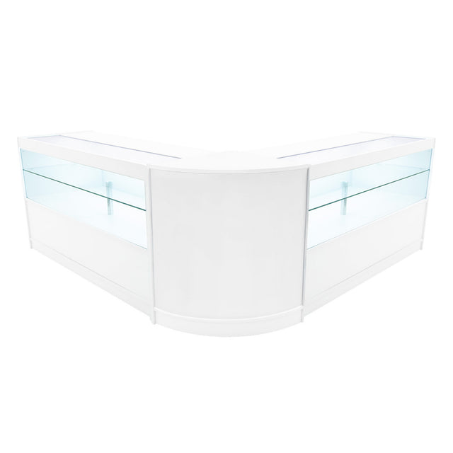 Elegantes, weißes LED Verkaufstheken-Set mit gläsernen Vitrinen, ideal für Einzelhandel oder Messen, moderne, abgerundete Form und klare Linien