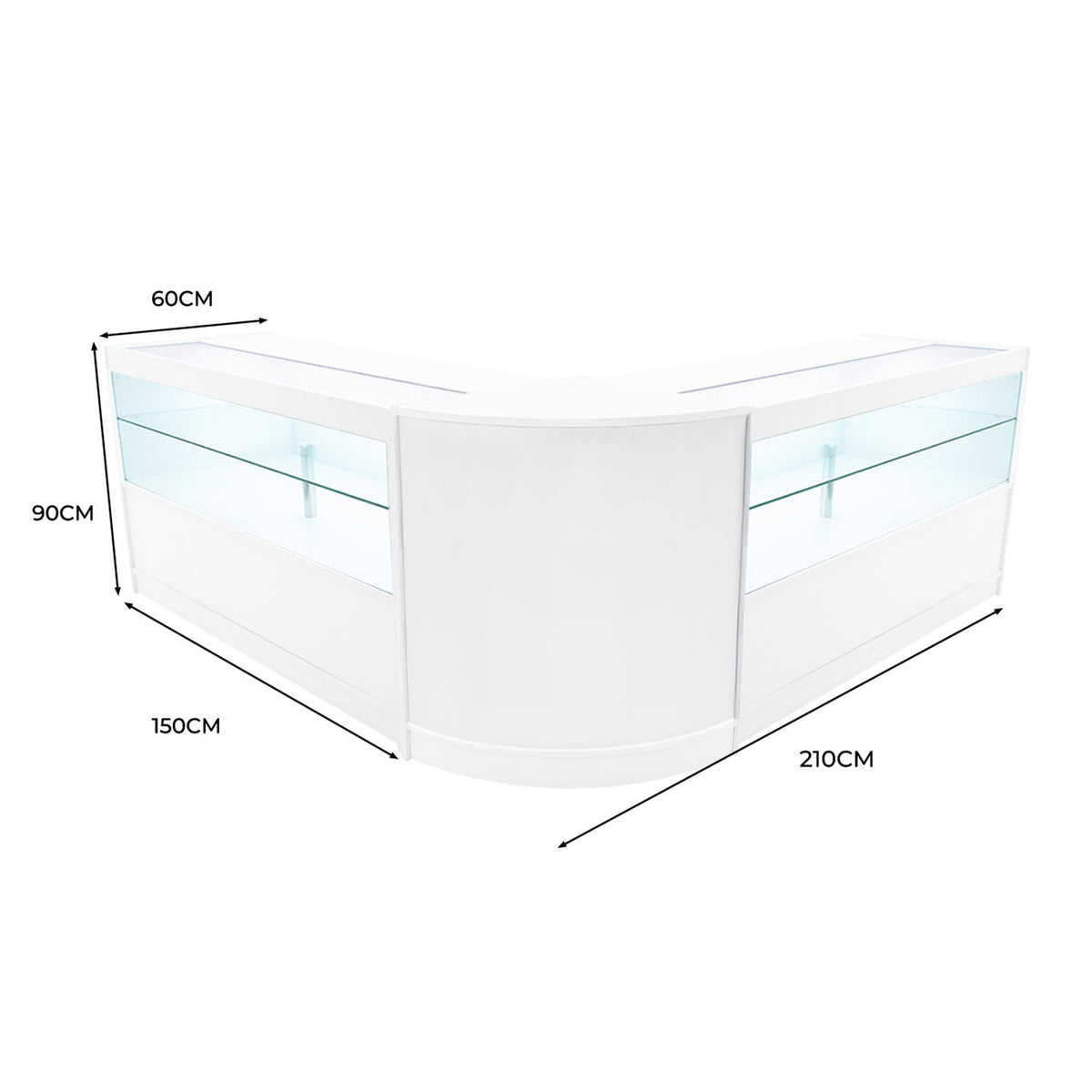 Elegantes, weißes LED Verkaufstheken-Set mit gläsernen Vitrinen, abgerundeten Kanten und modernen Maßen von 60 cm und 150 cm für stilvolle Präsentationen
