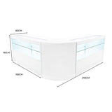 Elegantes, weißes LED Verkaufstheken-Set mit gläsernen Vitrinen, abgerundeten Kanten und modernen Maßen von 60 cm und 150 cm für stilvolle Präsentationen