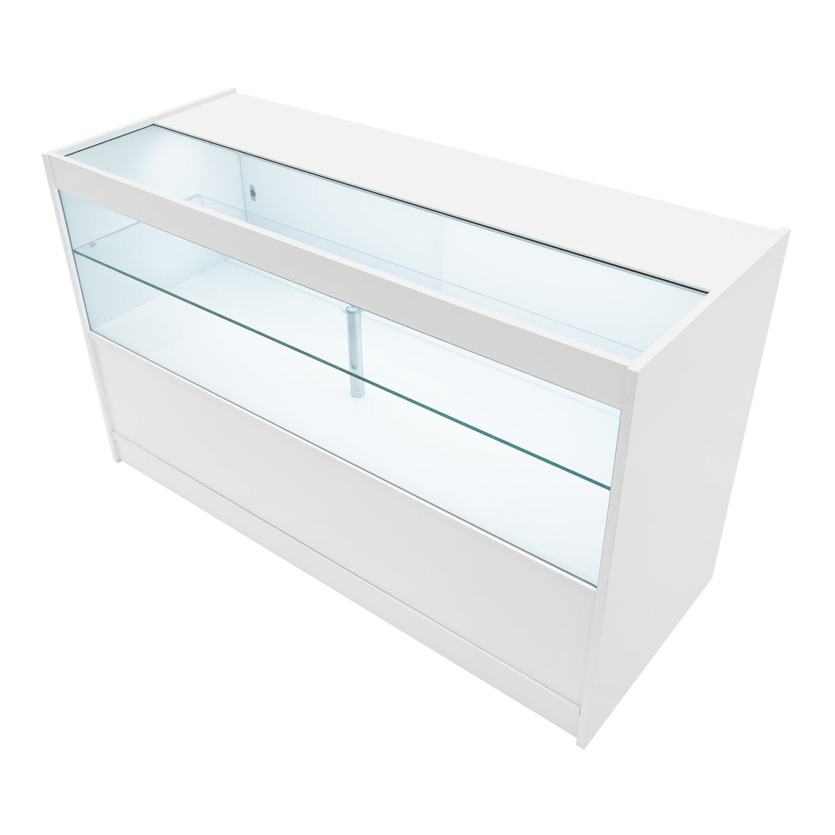 Elegantes, weißes LED-Verkaufstheken-Set mit gläsernen Regalen und einer modernen, minimalistischen Form, ideal für Verkaufsräume und Ausstellungen