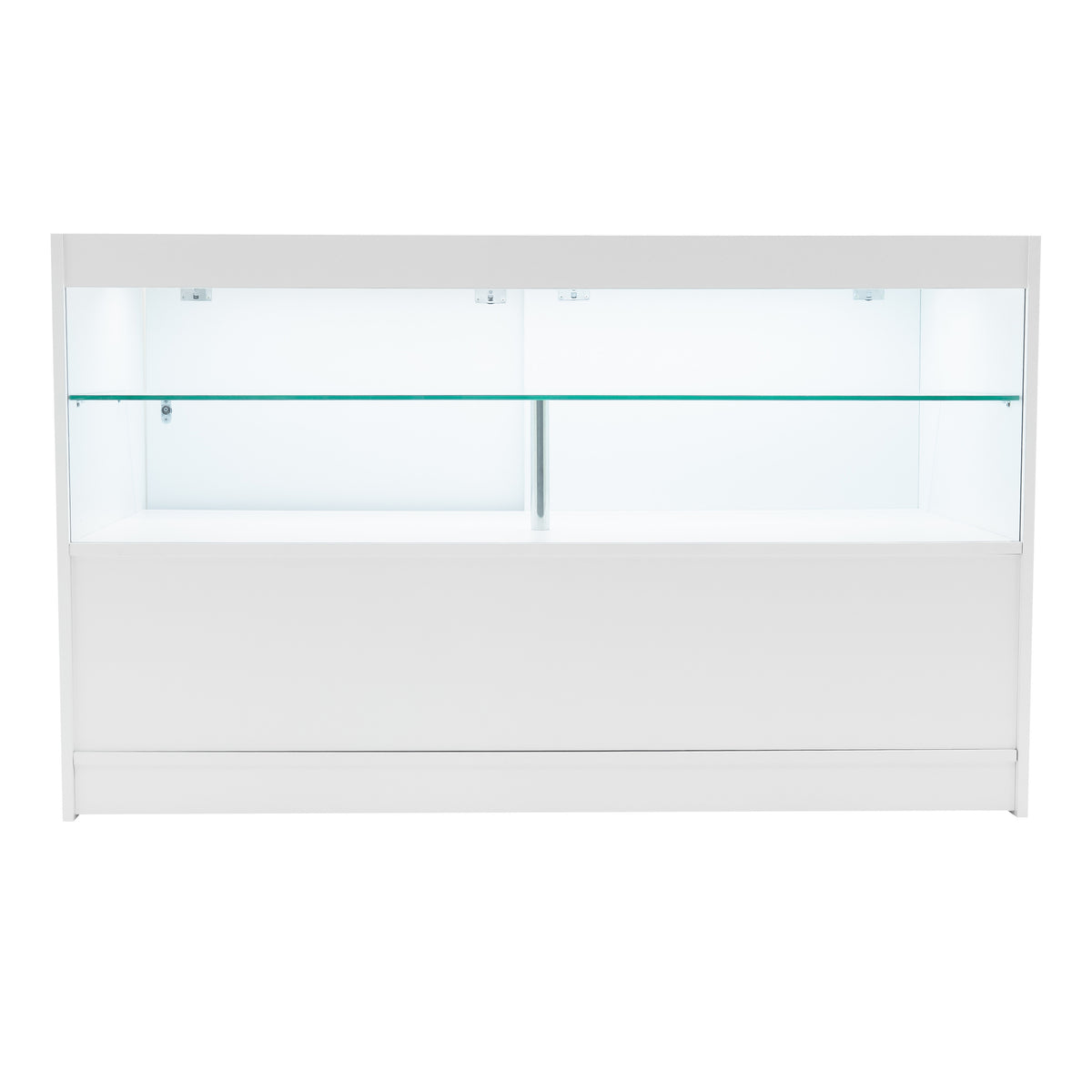 Weißes LED Verkaufstheken-Set mit zwei Regalen, glatter Oberfläche und transparentem Glas, ideal für die Präsentation von Produkten in Geschäften