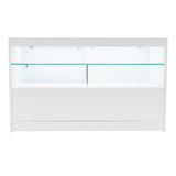 Weißes LED Verkaufstheken-Set mit zwei Regalen, glatter Oberfläche und transparentem Glas, ideal für die Präsentation von Produkten in Geschäften