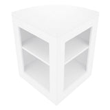 Eckige, weiße LED-Verkaufstheke mit zwei offenen Regalen, glatte Oberfläche und modernes Design, ideal für Verkaufsräume und Ausstellungen