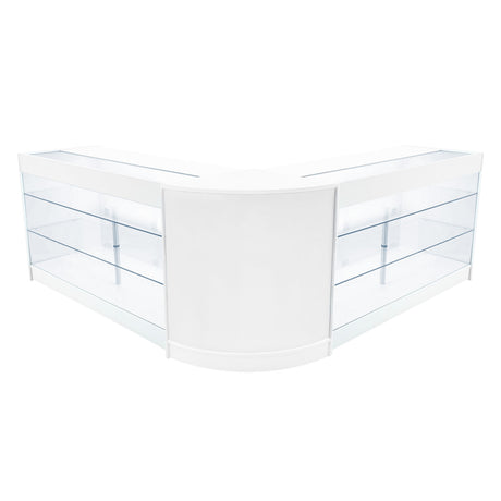Elegantes, weißes LED Verkaufstheken-Set mit zwei Ecken, ausgestattet mit transparenten Glasregalen und glatten Oberflächen für moderne Verkaufsräume