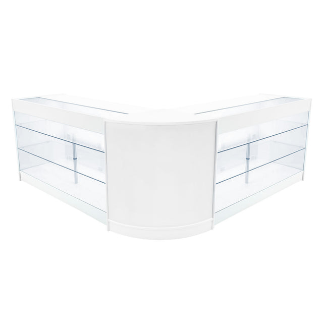 Elegantes, weißes LED Verkaufstheken-Set mit zwei Ecken, ausgestattet mit transparenten Glasregalen und glatten Oberflächen für moderne Verkaufsräume