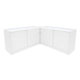 Eckige, weiße LED-Verkaufstheke mit glatten Oberflächen und Schiebetüren, ideal für Verkaufsräume und Ausstellungen, moderne und elegante Gestaltung