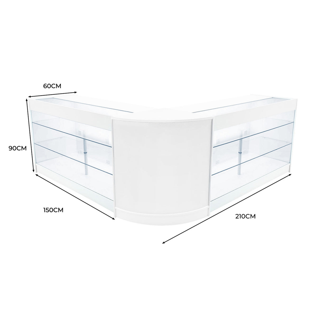 Weißes Helios LED Verkaufstheken-Set mit transparenten Glasregalen, eleganter, moderner Form und abgerundeten Kanten, ideal für Verkaufsräume