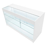 Weißes LED Verkaufstheken-Set mit gläsernen Regalen, modernem Design und klaren Linien, ideal für die Präsentation von Produkten in Geschäften