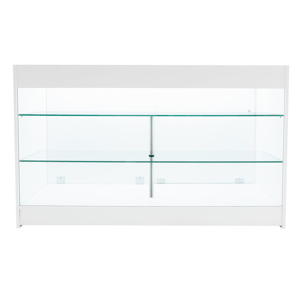 Weißes LED Verkaufstheken-Set mit zwei Regalen aus klarem Glas, modernem Design und eleganter, glatter Oberfläche für ansprechende Produktpräsentation