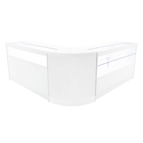 Elegantes Adonis LED Ladentheke Set in Weiß, mit klaren Glasflächen und abgerundeten Kanten, ideal für moderne Verkaufsräume und Ausstellungen