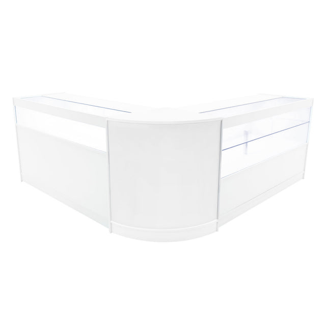 Elegantes Adonis LED Ladentheke Set in Weiß, mit klaren Glasflächen und abgerundeten Kanten, ideal für moderne Verkaufsräume und Ausstellungen