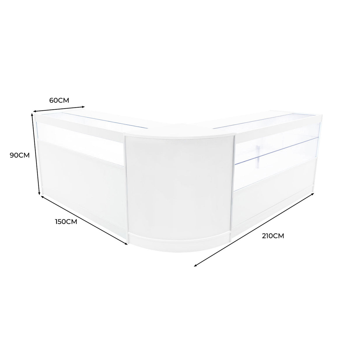Elegantes, weißes Adonis LED Ladentheke Set mit abgerundeten Kanten, transparenten Glasflächen und modernen LED-Leuchten, ideal für Verkaufsräume