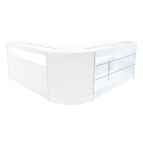 Elegantes, weißes Triton LED Verkaufstheken-Set mit gläsernen Regalen und abgerundeten Kanten, ideal für moderne Verkaufsräume und Ausstellungen