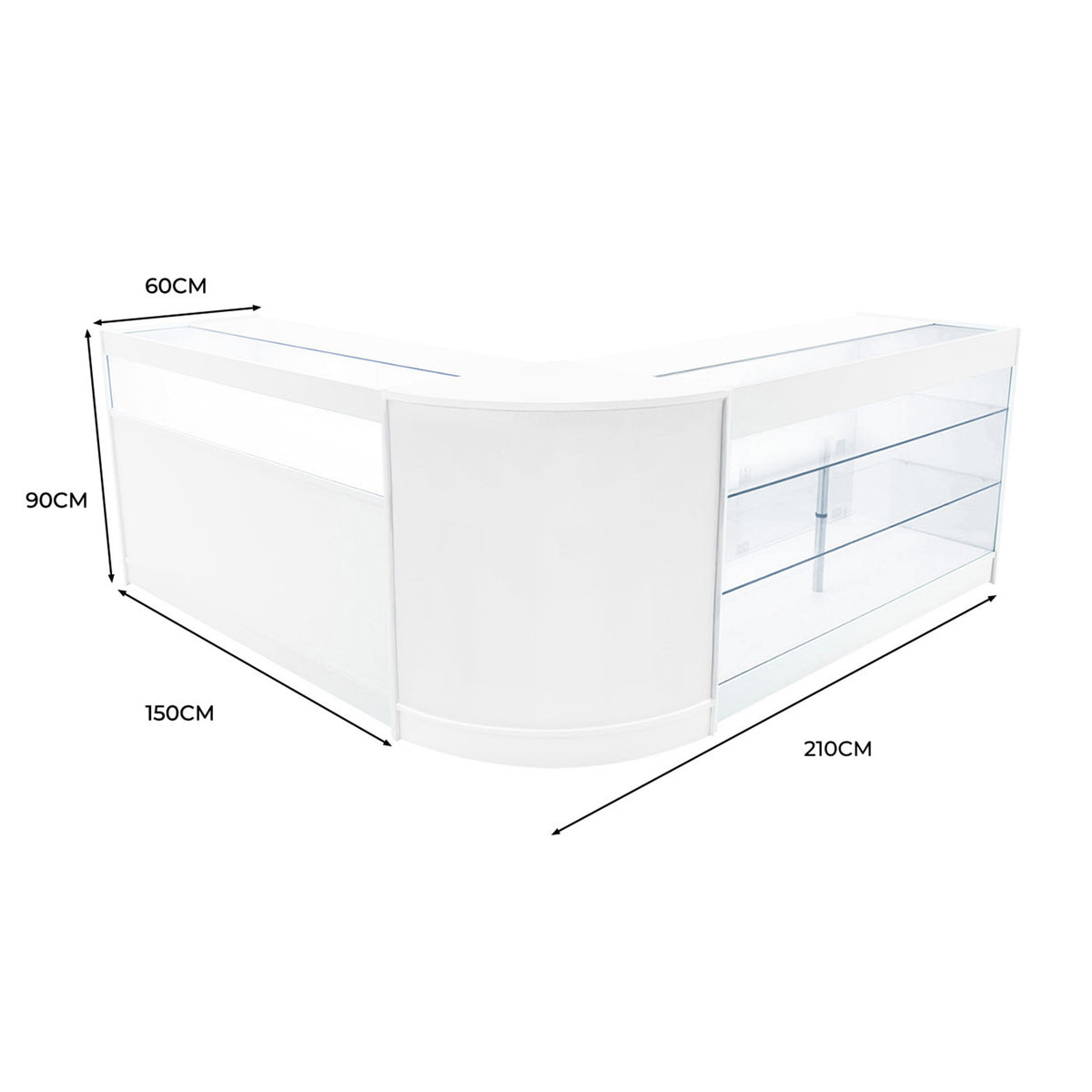 Elegantes, weißes Triton LED Verkaufstheken-Set mit klaren Glasregalen, abgerundeten Kanten und modernen Maßen von 60 cm x 150 cm x 90 cm