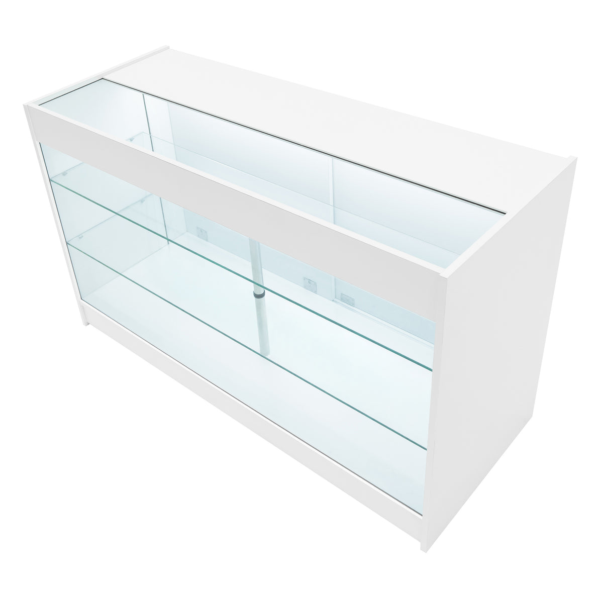 Weißes Verkaufstheken-Set mit LED-Beleuchtung, gläsernen Regalen und modernem, minimalistischen Design, ideal für den Einzelhandel