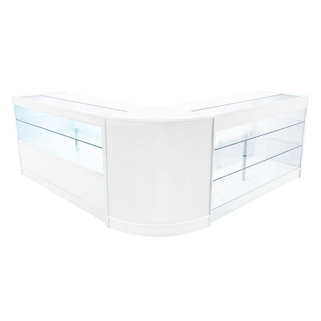 Elegantes, weißes LED Verkaufstheken-Set mit klaren Glasregalen, modernem Design und abgerundeten Kanten, ideal für Einzelhandelsumgebungen
