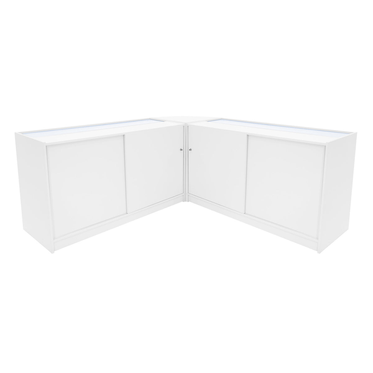 Elegantes Verkaufstheken-Set in Weiß, bestehend aus zwei Ecken mit glatten Oberflächen, ideal für die Präsentation von Produkten in Geschäften