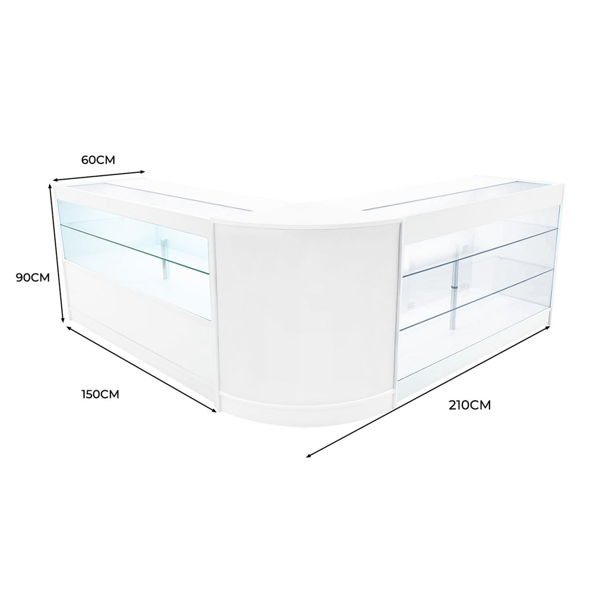 Elegantes Verkaufstheken-Set in Weiß mit LED-Beleuchtung, abgerundeten Kanten und transparenten Glasregalen, ideal für moderne Verkaufsräume