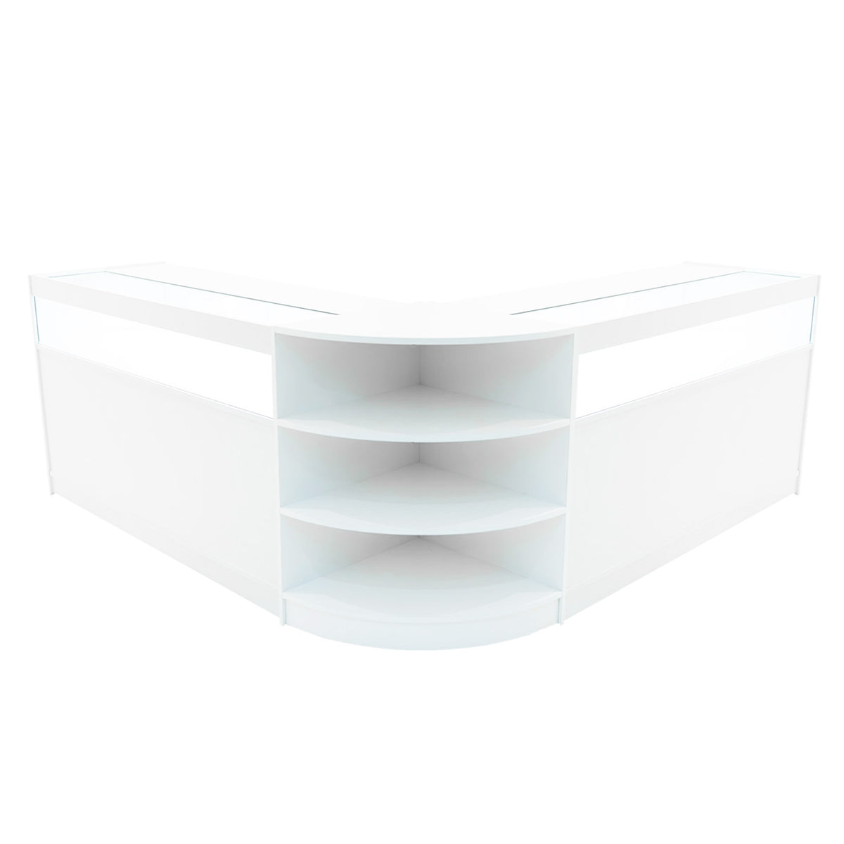 Weißes LED Verkaufstheken-Set mit zwei Ecken, glatten Oberflächen, offenen Regalen und modernem, minimalistischen Design für Verkaufsräume
