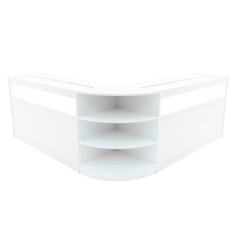 Weißes LED Verkaufstheken-Set mit zwei Ecken, glatten Oberflächen, offenen Regalen und modernem, minimalistischen Design für Verkaufsräume