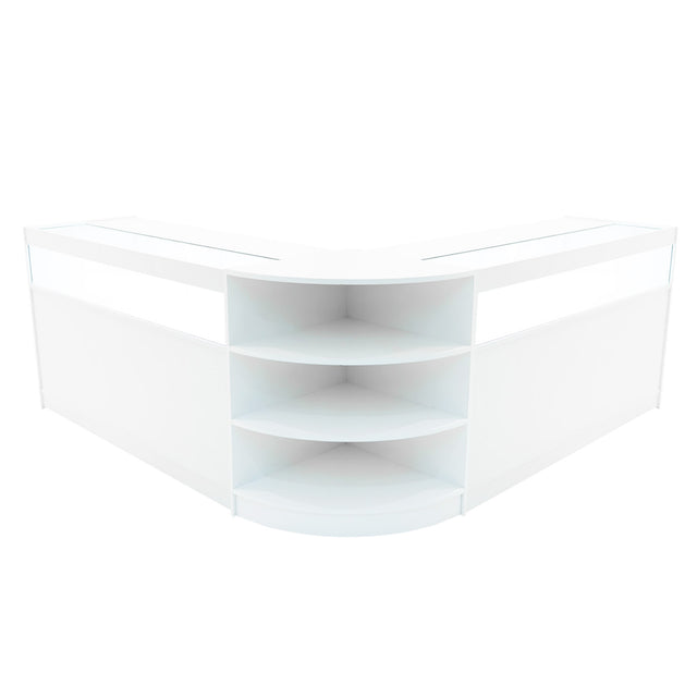 Weißes LED Verkaufstheken-Set mit zwei Ecken, glatten Oberflächen, offenen Regalen und modernem, minimalistischen Design für Verkaufsräume