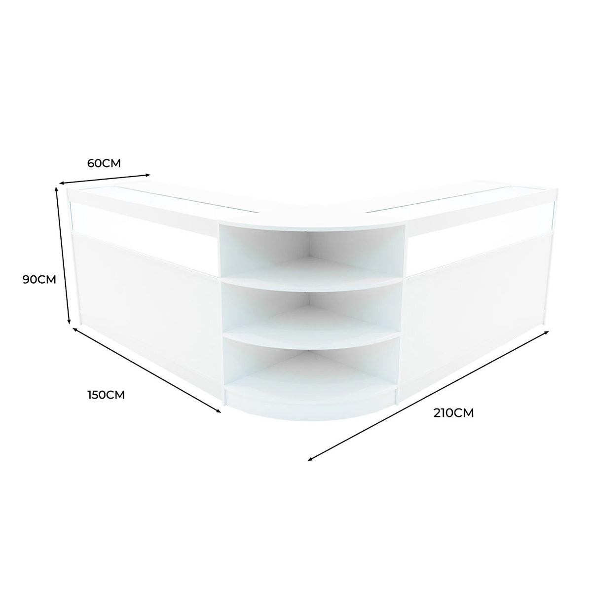 Modulares Verkaufstheken-Set in Weiß, mit glatter Oberfläche, abgerundeten Ecken und mehreren Regalen für optimalen Stauraum und Präsentation