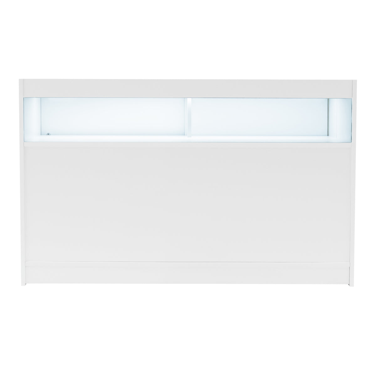 Weißes LED-Verkaufstheken-Set mit glatter Oberfläche, integrierter Beleuchtung und modernem, minimalistischen Design für Verkaufsräume